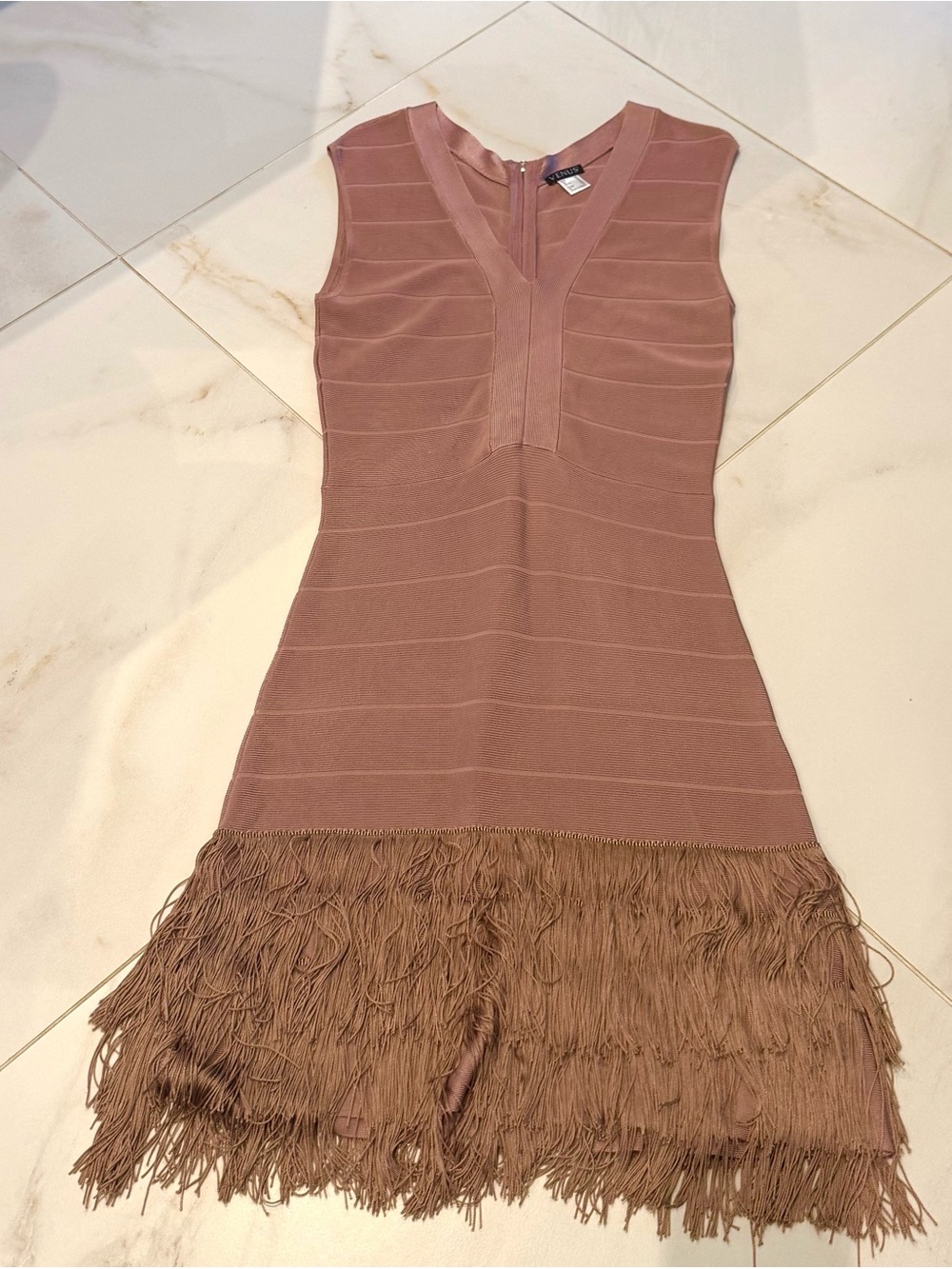 VENUS Sleeveless Bandage Dress in Dusty Rose with fringe hem .